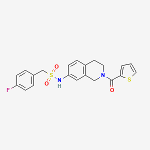 molecular formula C21H19FN2O3S2 B2740681 1-(4-fluorophenyl)-N-(2-(thiophene-2-carbonyl)-1,2,3,4-tetrahydroisoquinolin-7-yl)methanesulfonamide CAS No. 955651-99-7