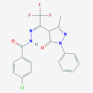 molecular formula C19H14ClF3N4O2 B274072 4-chloro-N'-[2,2,2-trifluoro-1-(3-methyl-5-oxo-1-phenyl-4,5-dihydro-1H-pyrazol-4-yl)ethylidene]benzohydrazide 