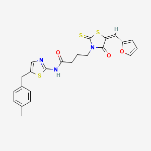 molecular formula C23H21N3O3S3 B2740721 4-[(5E)-5-(furan-2-ylmethylidene)-4-oxo-2-sulfanylidene-1,3-thiazolidin-3-yl]-N-[5-[(4-methylphenyl)methyl]-1,3-thiazol-2-yl]butanamide CAS No. 682764-26-7