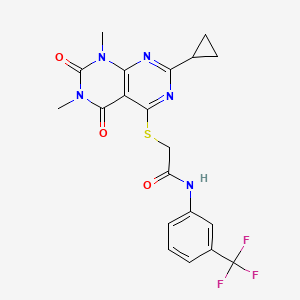 molecular formula C20H18F3N5O3S B2740764 2-((2-cyclopropyl-6,8-dimethyl-5,7-dioxo-5,6,7,8-tetrahydropyrimido[4,5-d]pyrimidin-4-yl)thio)-N-(3-(trifluoromethyl)phenyl)acetamide CAS No. 863003-04-7