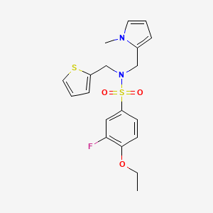 molecular formula C19H21FN2O3S2 B2740850 4-乙氧基-3-氟代-N-((1-甲基-1H-吡咯-2-基)甲基)-N-(噻吩-2-基甲基)苯磺酰胺 CAS No. 1251615-00-5