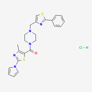 molecular formula C23H24ClN5OS2 B2740863 (4-methyl-2-(1H-pyrrol-1-yl)thiazol-5-yl)(4-((2-phenylthiazol-4-yl)methyl)piperazin-1-yl)methanone hydrochloride CAS No. 1351608-86-0