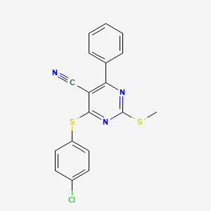 molecular formula C18H12ClN3S2 B2740929 4-[(4-氯苯基)硫基]-2-(甲硫基)-6-苯基-5-嘧啶碳腈 CAS No. 341965-68-2