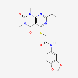 molecular formula C20H21N5O5S B2740941 N-(benzo[d][1,3]dioxol-5-yl)-2-((2-isopropyl-6,8-dimethyl-5,7-dioxo-5,6,7,8-tetrahydropyrimido[4,5-d]pyrimidin-4-yl)thio)acetamide CAS No. 863002-68-0