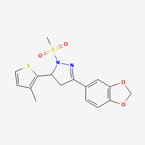 molecular formula C16H16N2O4S2 B2740961 3-(2H-1,3-苯并二氧杂-5-基)-1-甲磺酰-5-(3-甲硫基噻吩-2-基)-4,5-二氢-1H-吡唑 CAS No. 946226-26-2