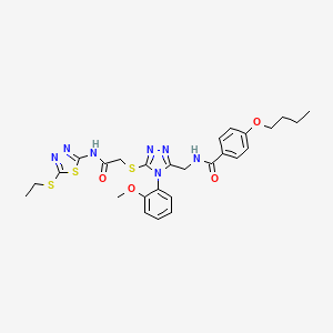 molecular formula C27H31N7O4S3 B2741001 4-butoxy-N-((5-((2-((5-(ethylthio)-1,3,4-thiadiazol-2-yl)amino)-2-oxoethyl)thio)-4-(2-methoxyphenyl)-4H-1,2,4-triazol-3-yl)methyl)benzamide CAS No. 393875-01-9