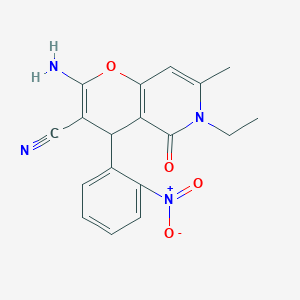molecular formula C18H16N4O4 B2741037 2-amino-6-ethyl-7-methyl-4-(2-nitrophenyl)-5-oxo-4H-pyrano[3,2-c]pyridine-3-carbonitrile CAS No. 882357-30-4