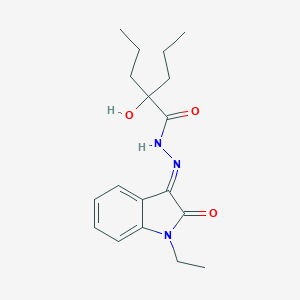 molecular formula C18H25N3O3 B274104 N-[(E)-(1-ethyl-2-oxoindol-3-ylidene)amino]-2-hydroxy-2-propylpentanamide 