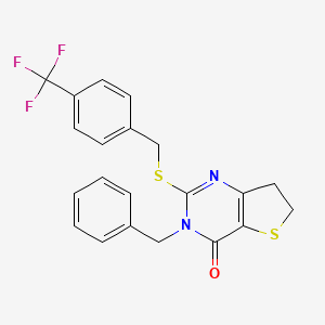 molecular formula C21H17F3N2OS2 B2741043 3-benzyl-2-((4-(trifluoromethyl)benzyl)thio)-6,7-dihydrothieno[3,2-d]pyrimidin-4(3H)-one CAS No. 877619-00-6