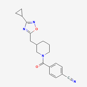molecular formula C19H20N4O2 B2741131 4-(3-((3-环丙基-1,2,4-噁二唑-5-基)甲基)哌啶-1-甲酰)苯甲腈 CAS No. 1706103-63-0