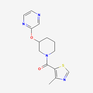 molecular formula C14H16N4O2S B2741141 (4-Methylthiazol-5-yl)(3-(pyrazin-2-yloxy)piperidin-1-yl)methanone CAS No. 2034227-97-7