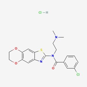 molecular formula C20H21Cl2N3O3S B2741159 3-chloro-N-(6,7-dihydro-[1,4]dioxino[2',3':4,5]benzo[1,2-d]thiazol-2-yl)-N-(2-(dimethylamino)ethyl)benzamide hydrochloride CAS No. 1216467-99-0