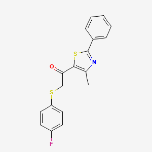 molecular formula C18H14FNOS2 B2741165 2-[(4-氟苯基)硫基]-1-(4-甲基-2-苯基-1,3-噻唑-5-基)-1-乙酮 CAS No. 478047-47-1