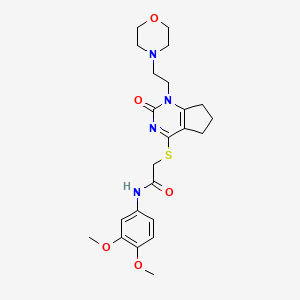 molecular formula C23H30N4O5S B2741197 N-(3,4-dimethoxyphenyl)-2-((1-(2-morpholinoethyl)-2-oxo-2,5,6,7-tetrahydro-1H-cyclopenta[d]pyrimidin-4-yl)thio)acetamide CAS No. 898444-47-8