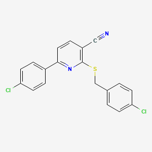 molecular formula C19H12Cl2N2S B2741210 6-(4-Chlorophenyl)-2-[(4-chlorophenyl)methylsulfanyl]pyridine-3-carbonitrile CAS No. 252059-08-8