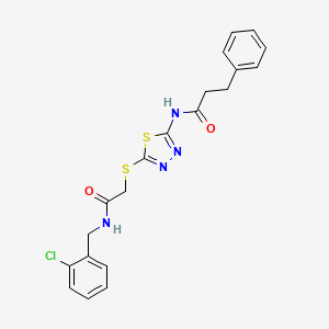 molecular formula C20H19ClN4O2S2 B2741235 N-(5-((2-((2-chlorobenzyl)amino)-2-oxoethyl)thio)-1,3,4-thiadiazol-2-yl)-3-phenylpropanamide CAS No. 921122-31-8
