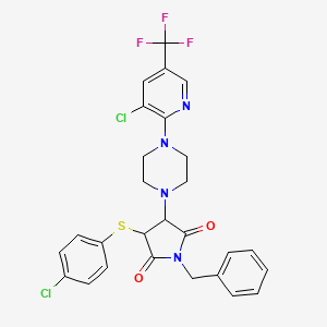 molecular formula C27H23Cl2F3N4O2S B2741337 1-benzyl-3-[(4-chlorophenyl)sulfanyl]-4-{4-[3-chloro-5-(trifluoromethyl)-2-pyridinyl]piperazino}dihydro-1H-pyrrole-2,5-dione CAS No. 321433-54-9