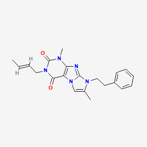 molecular formula C21H23N5O2 B2741351 (E)-3-(but-2-en-1-yl)-1,7-dimethyl-8-phenethyl-1H-imidazo[2,1-f]purine-2,4(3H,8H)-dione CAS No. 946361-07-5