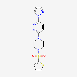 molecular formula C15H16N6O2S2 B2741464 3-(1H-pyrazol-1-yl)-6-(4-(thiophen-2-ylsulfonyl)piperazin-1-yl)pyridazine CAS No. 1219912-00-1