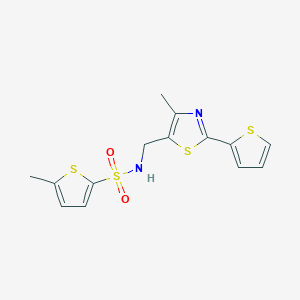 molecular formula C14H14N2O2S4 B2741483 5-methyl-N-((4-methyl-2-(thiophen-2-yl)thiazol-5-yl)methyl)thiophene-2-sulfonamide CAS No. 1396867-51-8