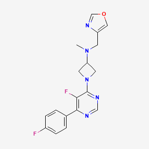 molecular formula C18H17F2N5O B2741550 1-[5-Fluoro-6-(4-fluorophenyl)pyrimidin-4-yl]-N-methyl-N-(1,3-oxazol-4-ylmethyl)azetidin-3-amine CAS No. 2380084-56-8