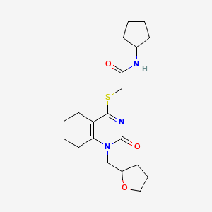 molecular formula C20H29N3O3S B2741561 N-cyclopentyl-2-((2-oxo-1-((tetrahydrofuran-2-yl)methyl)-1,2,5,6,7,8-hexahydroquinazolin-4-yl)thio)acetamide CAS No. 920365-53-3