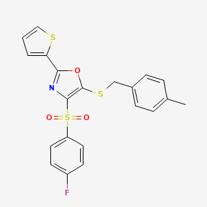 molecular formula C21H16FNO3S3 B2741571 4-((4-Fluorophenyl)sulfonyl)-5-((4-methylbenzyl)thio)-2-(thiophen-2-yl)oxazole CAS No. 850927-95-6