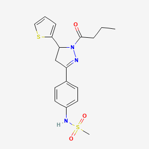 molecular formula C18H21N3O3S2 B2741591 N-(4-(1-butyryl-5-(thiophen-2-yl)-4,5-dihydro-1H-pyrazol-3-yl)phenyl)methanesulfonamide CAS No. 941944-51-0