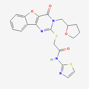 molecular formula C20H18N4O4S2 B2741646 2-{[4-oxo-3-(tetrahydrofuran-2-ylmethyl)-3,4-dihydro[1]benzofuro[3,2-d]pyrimidin-2-yl]sulfanyl}-N-(1,3-thiazol-2-yl)acetamide CAS No. 899942-05-3