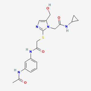 molecular formula C19H23N5O4S B2741679 N-(3-acetamidophenyl)-2-((1-(2-(cyclopropylamino)-2-oxoethyl)-5-(hydroxymethyl)-1H-imidazol-2-yl)thio)acetamide CAS No. 923222-46-2