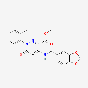 molecular formula C22H21N3O5 B2741682 乙酸4-((苯并[d][1,3]二噁嗪-5-基甲基)氨基)-6-氧代-1-(邻甲苯基)-1,6-二氢吡啶-3-羧酸甲酯 CAS No. 922014-96-8