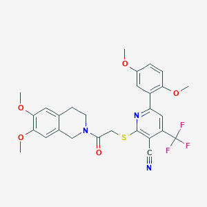 molecular formula C28H26F3N3O5S B2741731 2-({2-[6,7-二甲氧基-3,4-二氢-2(1H)-异喹啉基]-2-氧代乙基}硫醇基)-6-(2,5-二甲氧基苯基)-4-(三氟甲基)烟酸-2-腈 CAS No. 939893-60-4