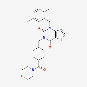 molecular formula C27H33N3O4S B2741898 1-(2,5-dimethylbenzyl)-3-((4-(morpholine-4-carbonyl)cyclohexyl)methyl)thieno[3,2-d]pyrimidine-2,4(1H,3H)-dione CAS No. 932345-16-9