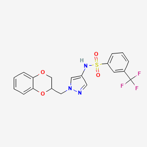 molecular formula C19H16F3N3O4S B2741910 N-(1-((2,3-dihydrobenzo[b][1,4]dioxin-2-yl)methyl)-1H-pyrazol-4-yl)-3-(trifluoromethyl)benzenesulfonamide CAS No. 1798043-84-1