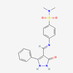 molecular formula C18H18N4O3S B2741969 N,N-二甲基-4-{[(5-氧代-3-苯基-1,5-二氢-4H-吡唑-4-基亚甲基)氨基]苯甲磺酰胺 CAS No. 320415-75-6