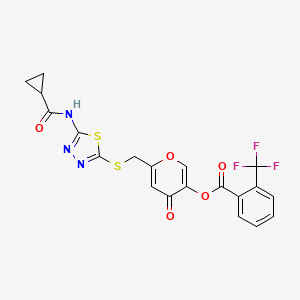 molecular formula C20H14F3N3O5S2 B2741972 6-(((5-(cyclopropanecarboxamido)-1,3,4-thiadiazol-2-yl)thio)methyl)-4-oxo-4H-pyran-3-yl 2-(trifluoromethyl)benzoate CAS No. 877651-52-0