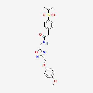 molecular formula C22H25N3O6S B2741997 2-(4-(isopropylsulfonyl)phenyl)-N-((3-((4-methoxyphenoxy)methyl)-1,2,4-oxadiazol-5-yl)methyl)acetamide CAS No. 1251545-89-7