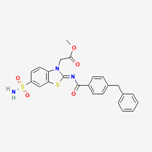 molecular formula C24H21N3O5S2 B2742006 (Z)-methyl 2-(2-((4-benzylbenzoyl)imino)-6-sulfamoylbenzo[d]thiazol-3(2H)-yl)acetate CAS No. 865199-08-2