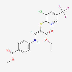 molecular formula C19H16ClF3N2O4S B2742072 Methyl 4-[(2-{[3-chloro-5-(trifluoromethyl)-2-pyridinyl]sulfanyl}-3-ethoxy-3-oxo-1-propenyl)amino]benzenecarboxylate CAS No. 338966-74-8