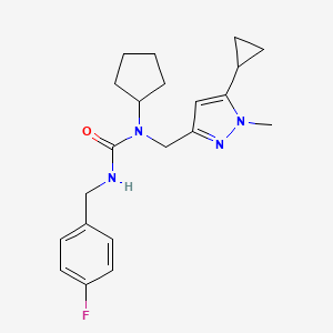 molecular formula C21H27FN4O B2742094 1-cyclopentyl-1-((5-cyclopropyl-1-methyl-1H-pyrazol-3-yl)methyl)-3-(4-fluorobenzyl)urea CAS No. 1795212-84-8