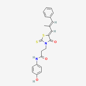 molecular formula C22H20N2O3S2 B2742107 N-(4-hydroxyphenyl)-3-[(5Z)-5-[(E)-2-methyl-3-phenylprop-2-enylidene]-4-oxo-2-sulfanylidene-1,3-thiazolidin-3-yl]propanamide CAS No. 469876-18-4
