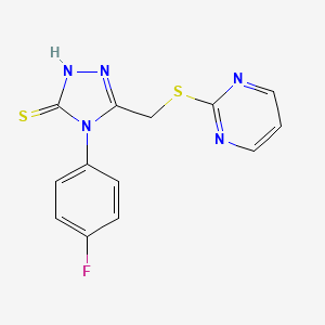 molecular formula C13H10FN5S2 B2742122 4-(4-fluorophenyl)-5-[(pyrimidin-2-ylthio)methyl]-4{H}-1,2,4-triazole-3-thiol CAS No. 887205-28-9