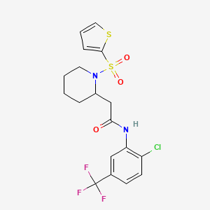 molecular formula C18H18ClF3N2O3S2 B2742199 N-(2-chloro-5-(trifluoromethyl)phenyl)-2-(1-(thiophen-2-ylsulfonyl)piperidin-2-yl)acetamide CAS No. 1105235-23-1