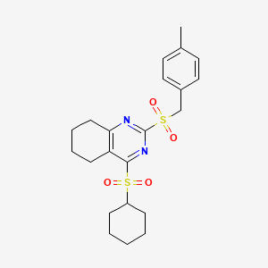 molecular formula C22H28N2O4S2 B2742205 Cyclohexyl 2-[(4-methylbenzyl)sulfonyl]-5,6,7,8-tetrahydro-4-quinazolinyl sulfone CAS No. 478049-63-7