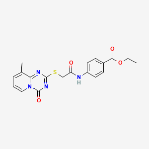 molecular formula C19H18N4O4S B2742218 Ethyl 4-[[2-(9-methyl-4-oxopyrido[1,2-a][1,3,5]triazin-2-yl)sulfanylacetyl]amino]benzoate CAS No. 896341-52-9
