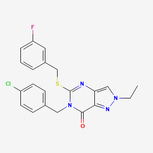 molecular formula C21H18ClFN4OS B2742225 6-(4-chlorobenzyl)-2-ethyl-5-((3-fluorobenzyl)thio)-2H-pyrazolo[4,3-d]pyrimidin-7(6H)-one CAS No. 894922-58-8