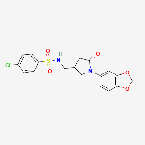molecular formula C18H17ClN2O5S B2742232 N-((1-(benzo[d][1,3]dioxol-5-yl)-5-oxopyrrolidin-3-yl)methyl)-4-chlorobenzenesulfonamide CAS No. 954609-04-2