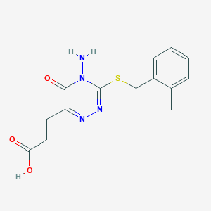 molecular formula C14H16N4O3S B2742257 3-[4-amino-3-[(2-methylphenyl)methylsulfanyl]-5-oxo-1,2,4-triazin-6-yl]propanoic Acid CAS No. 896169-81-6
