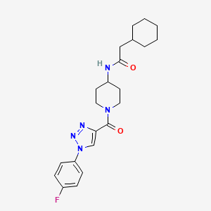 molecular formula C22H28FN5O2 B2742286 2-环己基-N-(1-(1-(4-氟苯基)-1H-1,2,3-三唑-4-甲酰)哌啶-4-基)乙酰胺 CAS No. 1251605-90-9