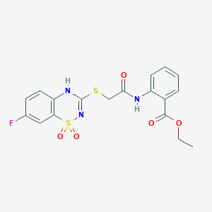 molecular formula C18H16FN3O5S2 B2742325 ethyl 2-(2-((7-fluoro-1,1-dioxido-4H-benzo[e][1,2,4]thiadiazin-3-yl)thio)acetamido)benzoate CAS No. 886955-79-9